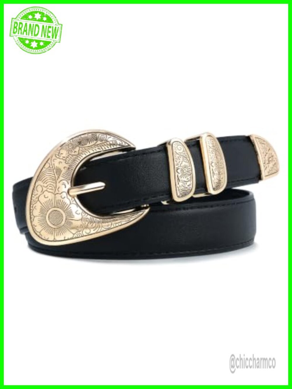 Western Belt for Jeans and Dresses with Engraved Gold Buckle